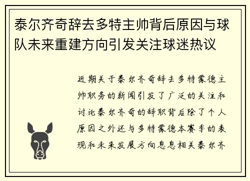 泰尔齐奇辞去多特主帅背后原因与球队未来重建方向引发关注球迷热议 泰尔齐奇辞去多特主帅背后原因与球队未来重建方向引发关注球迷热议