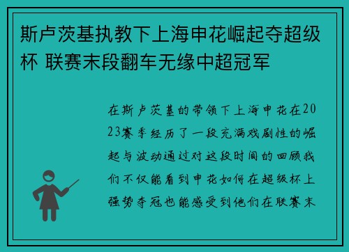 斯卢茨基执教下上海申花崛起夺超级杯 联赛末段翻车无缘中超冠军 斯卢茨基执教下上海申花崛起夺超级杯 联赛末段翻车无缘中超冠军